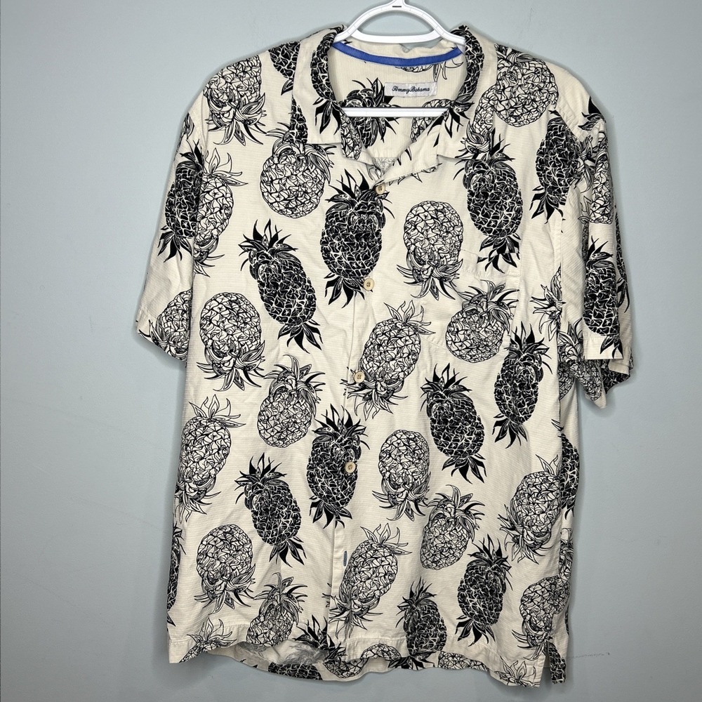 Tommy Bahama‎ Tropical Silk Shirt Cream Black Pineapple AOP Coastal Style XL